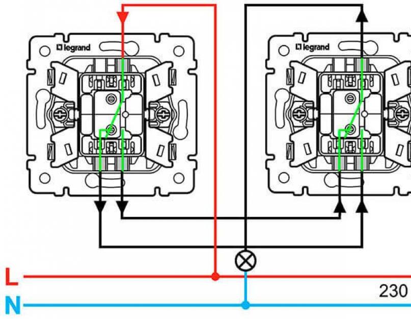Подключение переключателя. Схема двухклавишного выключателя Легранд 6/2. Переключатель проходной одноклавишный схема подключения. Проходной переключатель схема подключения на 2 точки. Схема соединения проходного выключателя.