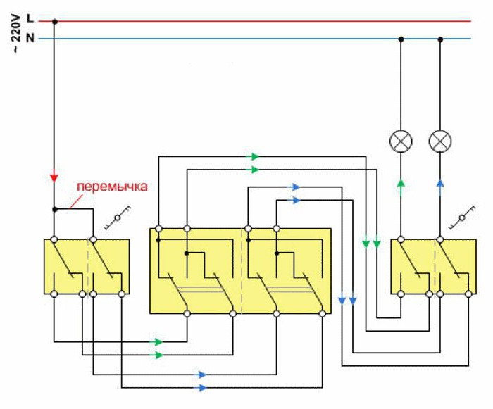 схема подключения перекрестного двухклавишного выключателя