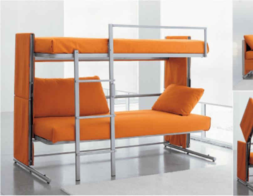 Основные преимущества диванов трансформеров превращающихся в двухъярусную кровать. Двухъярусная кровать-трансформер для детей Раскладная двухъярусная кровать