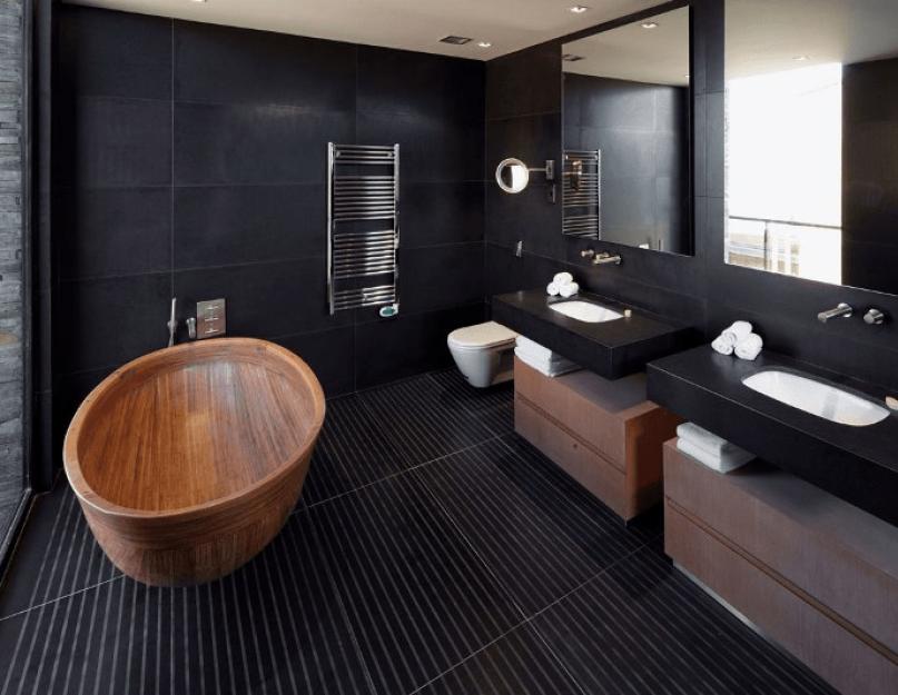 Темная плитка полу в ванной. Дизайн темной ванной комнаты