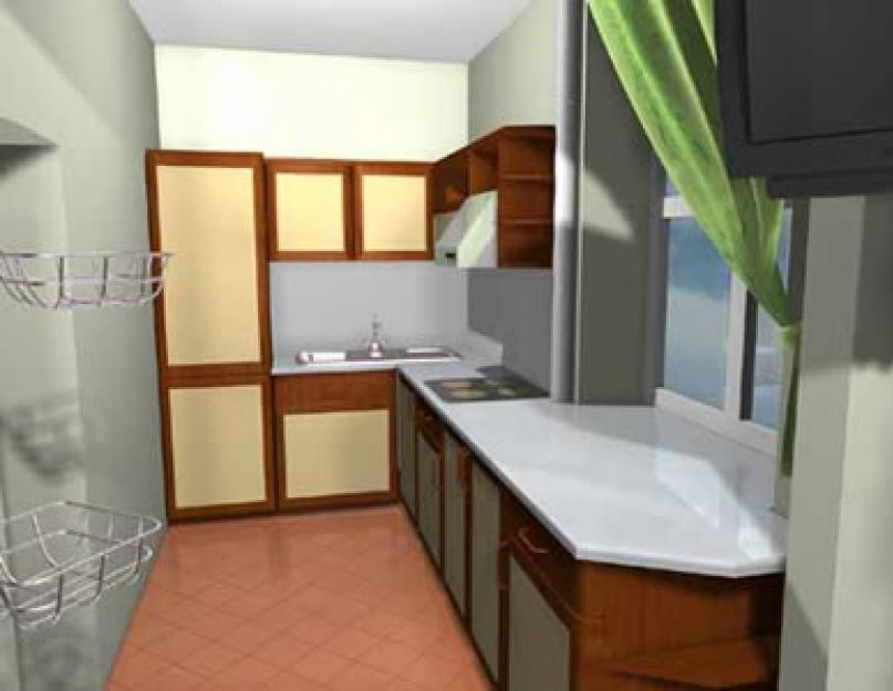 Дизайн узкой кухни с окном в конце. Оформление узкой кухни